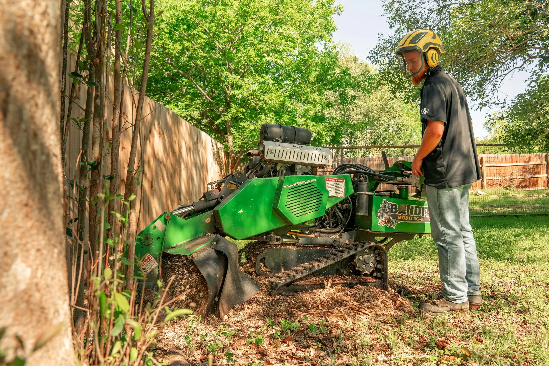 A worker guides a compact stump grinder against a backyard stump — illustrative stock photo of the machine most residential jobs use, not a St. George job site.